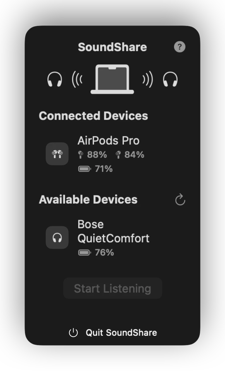 SoundShare interface showing a connected AirPods Pro pair, an available Bose headset, battery levels, and the Start Listening control.
