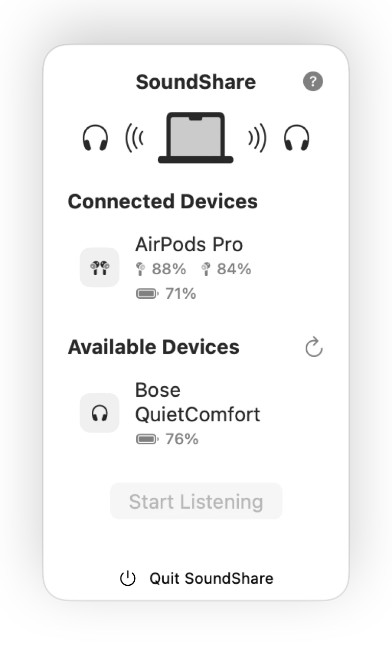SoundShare interface showing a connected AirPods Pro pair, an available Bose headset, battery levels, and the Start Listening control.