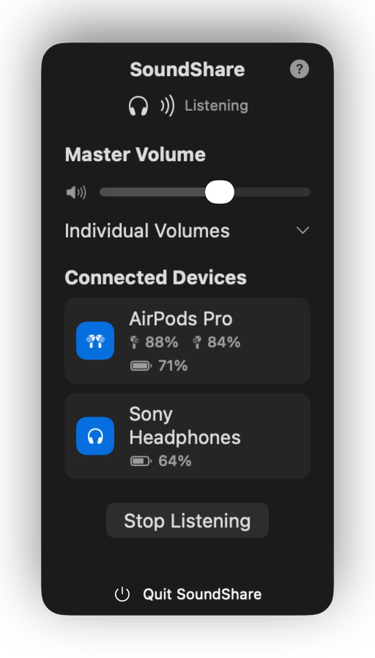 Current SoundShare interface playing Mac audio through two connected headphones.
