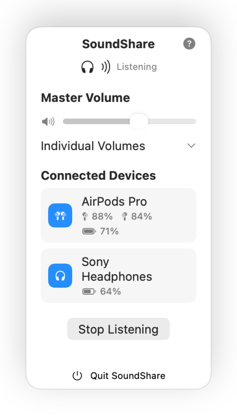 Current SoundShare interface playing Mac audio through two connected headphones.