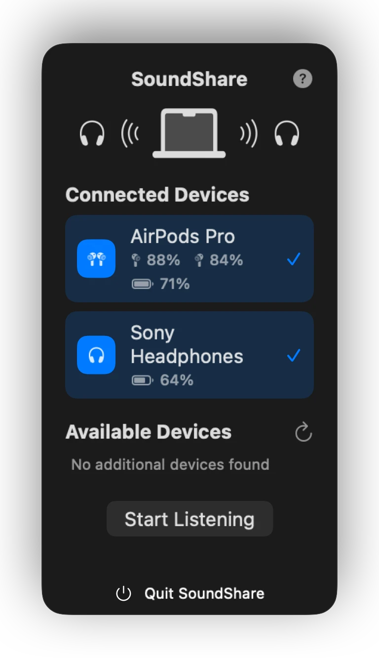 Current SoundShare interface with AirPods Pro and Sony headphones selected for sharing Mac audio.
