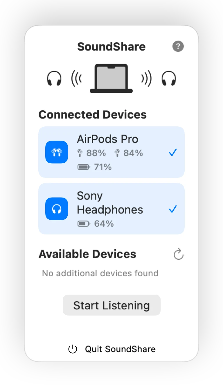 Current SoundShare interface with AirPods Pro and Sony headphones selected for sharing Mac audio.