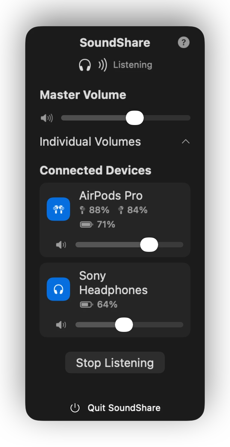 Current SoundShare interface with individual volume controls in the AirPods Pro and Sony headphone cards.