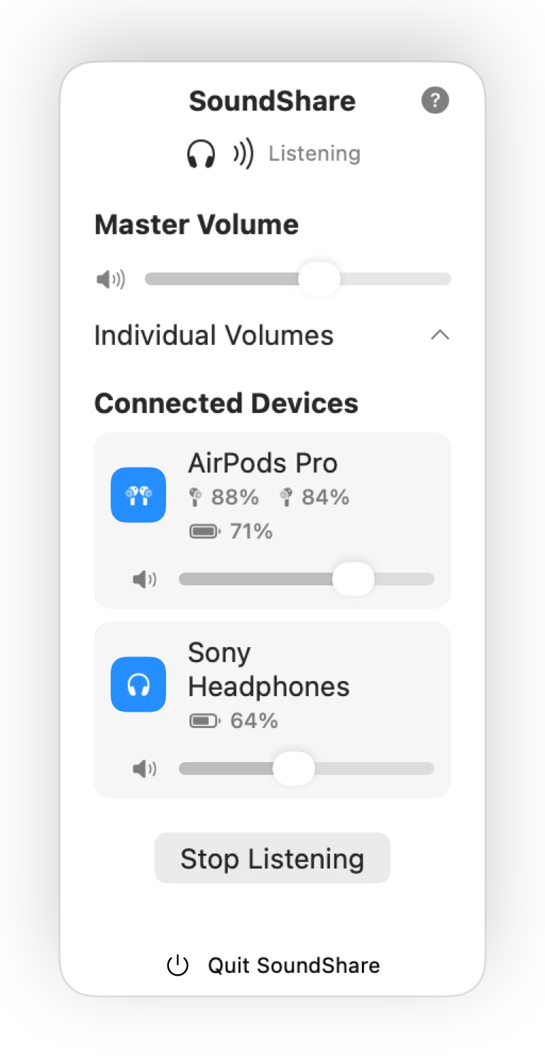 Current SoundShare interface with individual volume controls in the AirPods Pro and Sony headphone cards.